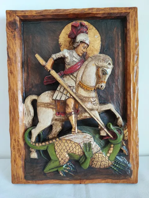 Holzbild Drachentöter Holz Relief Bild Sankt Georg Heiliger Georg