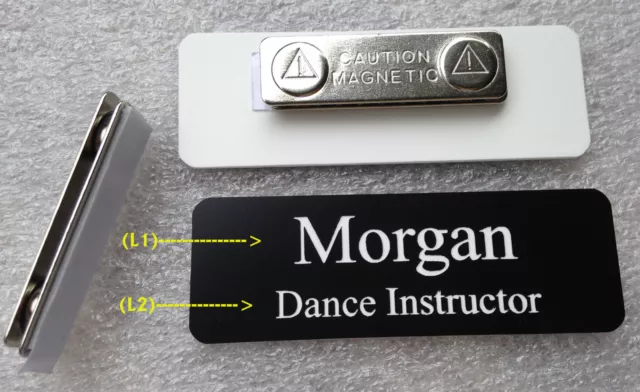 Custom Name Tag 3"x1" Black (white letters) w Round Corners & magnet attachment
