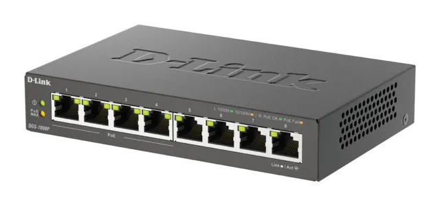 D-Link DGS-1008P 8-Port Layer2 PoE Gigabit Switch Schwarz BRANDNEU