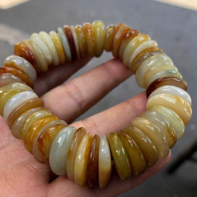 New Natural HeTian Jade Flat Beads Prayer Lucky Bracelet Cuff Elegant Glowing