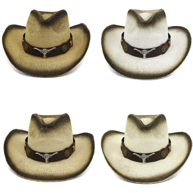 Hommes Femmes Paille Western Cowboy Chapeau Bord large Été Soleil Casquette