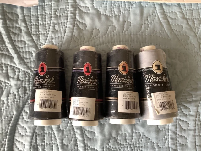 Maxi-Lock, Serger Thread, Polyester -lot of 4 - 3 are Black, 1 is Gray - All New