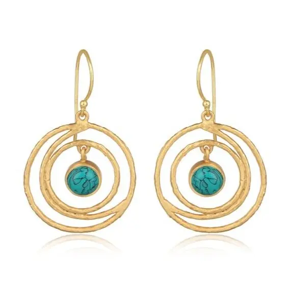 Three Round Circle Earrings Yellow Gold Plated Spiral Turquoise Gemstone Earring