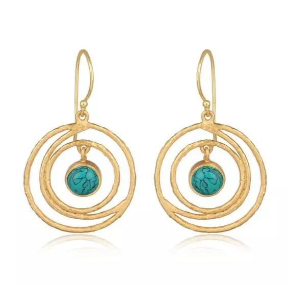 Three Round Circle Earrings Yellow Gold Plated Spiral Turquoise Gemstone Earring