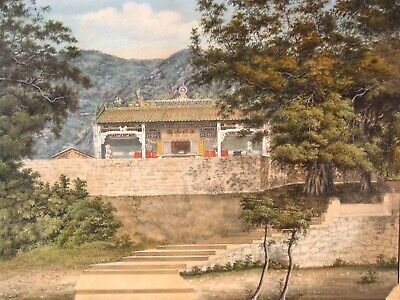 Antique 19C Chinese Temple in the Mountains W/C Painting