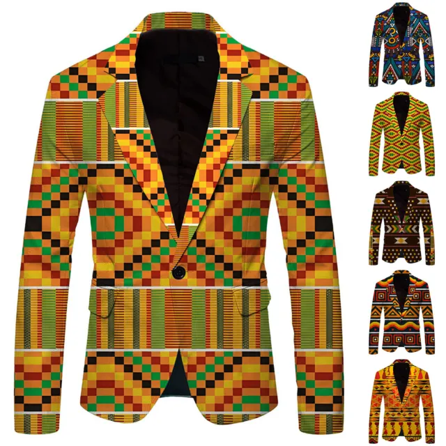 Mens Fashion Leisure African Style Printed Pocket Buttons Long Sleeve Jacket