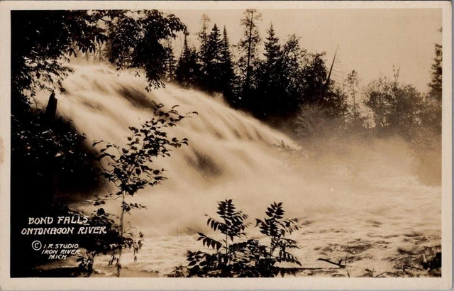 Bond Falls, ONTONAGON RIVER, Michigan Real Photo Postcard - I.R. Studio