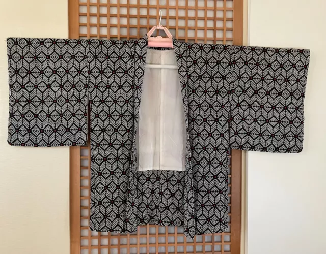 Vintage Japanese Silk Kimono Jacket Haori/Shibori/ Geometric Pattern/Black