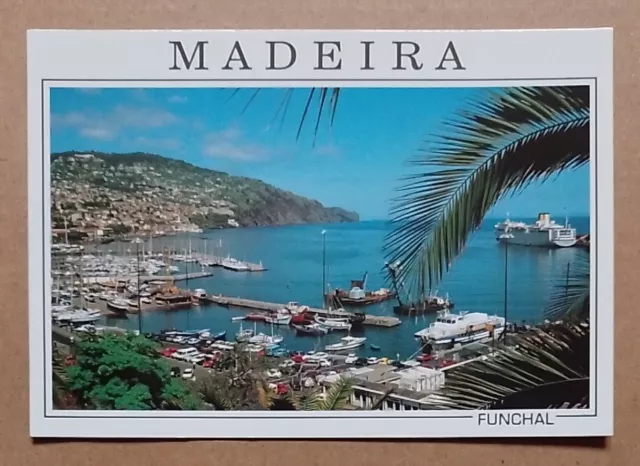 Postcard of a view over the marina and harbour in Funchal, Madeira, Portugal.