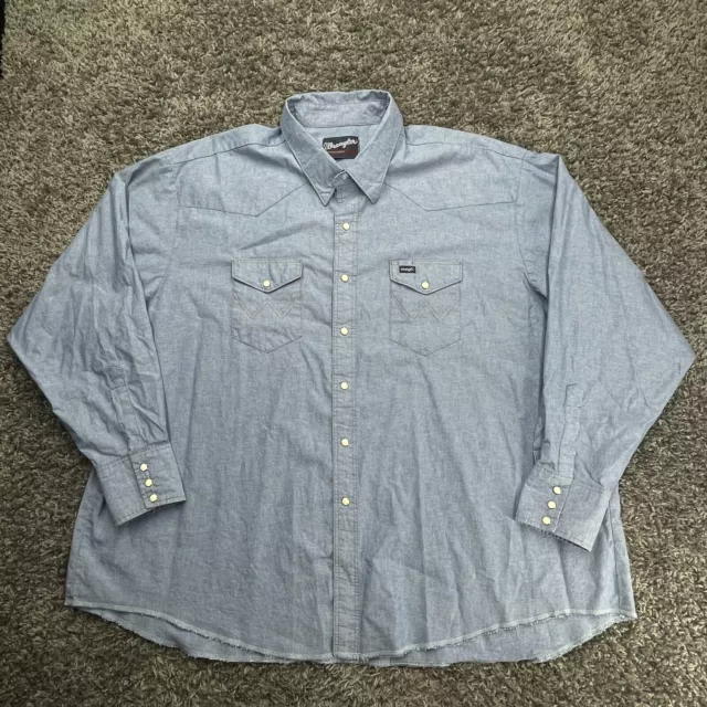 Vintage Wrangler Shirt Mens 4XL 5XL Blue Denim Western Chambray Pearl Snap