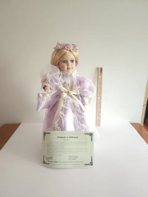 Rapunzel Porcelain Doll Duck House Heirloom Doll Purple Dress, Authentic w/stand