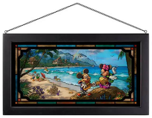 Thomas Kinkade Disney Mickey and Minnie in Hawaii 13″ x 23″ Framed Glass Art