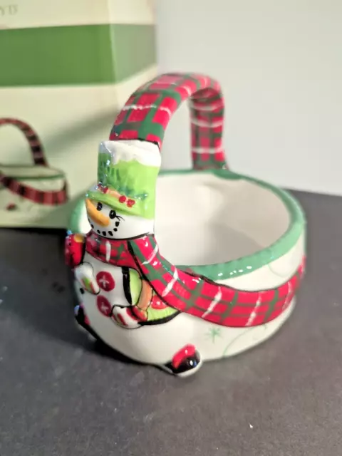Fitz and Floyd Holly Hat Snowman Basket Candy Dish / With Box 2013