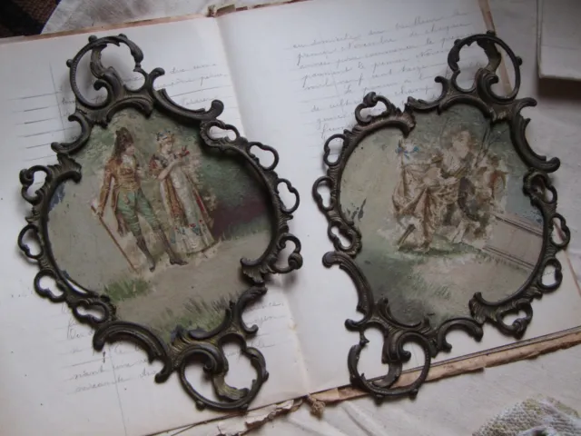 GORGEOUS PAIR 19th CENTURY FRENCH OIL PAINTING ON BRASS IN GILT BRONZE PICTURE
