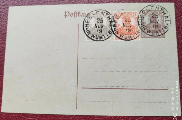 Deutsches Reich 1919 Ganzsache Postkarte gestempelt Hessenthal in Württemberg