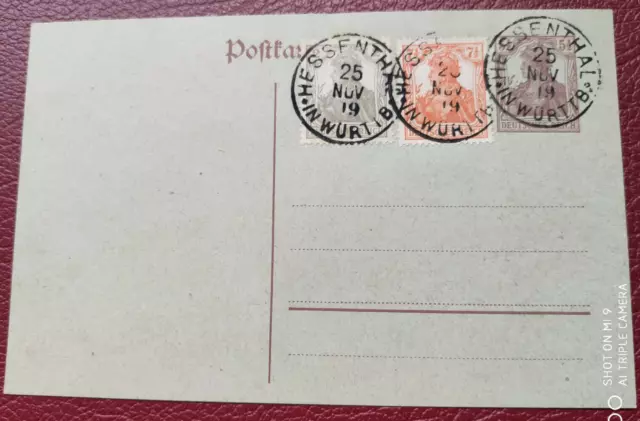 Deutsches Reich 1919 Ganzsache Postkarte gestempelt Hessenthal in Württemberg