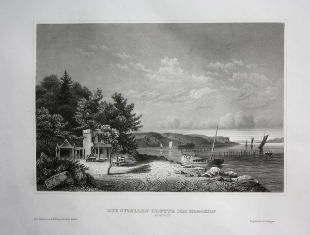 1840 Hoboken New Jersey Hudson River Sibyllengrotte Ansicht Stahlstich engraving