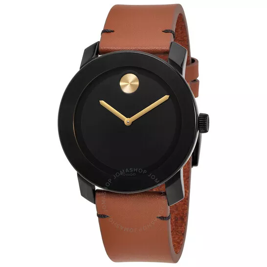 Movado Bold Black Museum Dial Brown Leather Strap Men's SWISS Watch 3600305