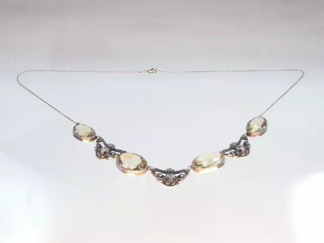 Antikes Art - Deco  Citrin Markasit Collier 835 Silber fein floral verziert 1930