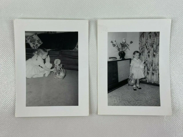 Young Girl Easter Basket Dress Bunny Lot of 2 B&W Photograph Snapshot 3 x 4