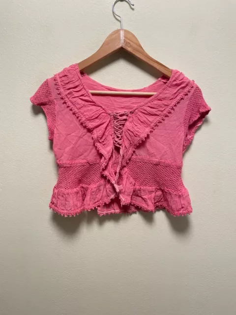 Womens Crop Top Size Large Pink Crochet Trim Lace Up Back Ruffle Fairy Boho 2