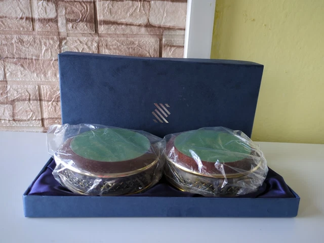 Vintage Boxed  Wine Bottle Coasters Silver Plated With Turned Wooden Base