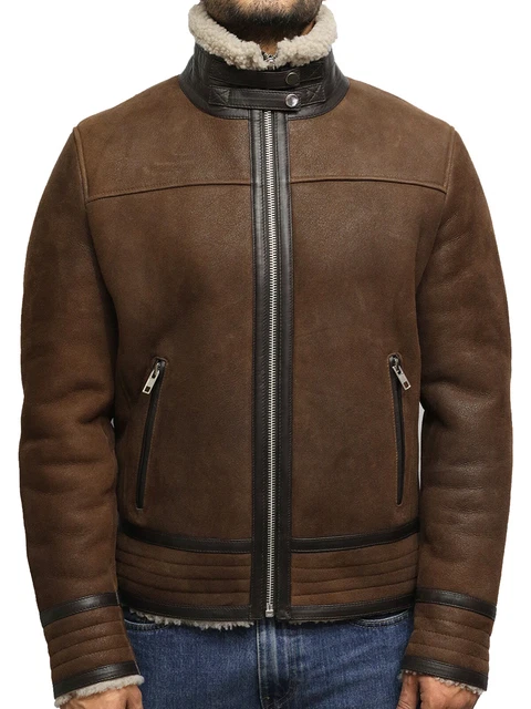 Mens Real Sheepskin Retro RAF Pilot Distressed Brown Leather Jacket Thick Fur