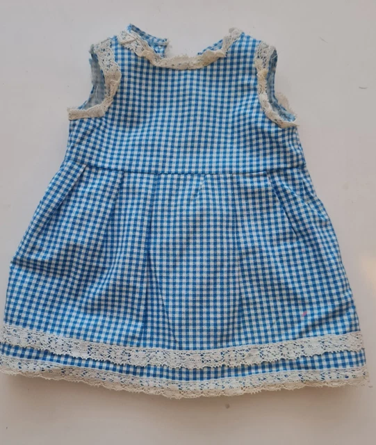 Handmade Dolls Dress. Blue Check Cotton With Lace Trim