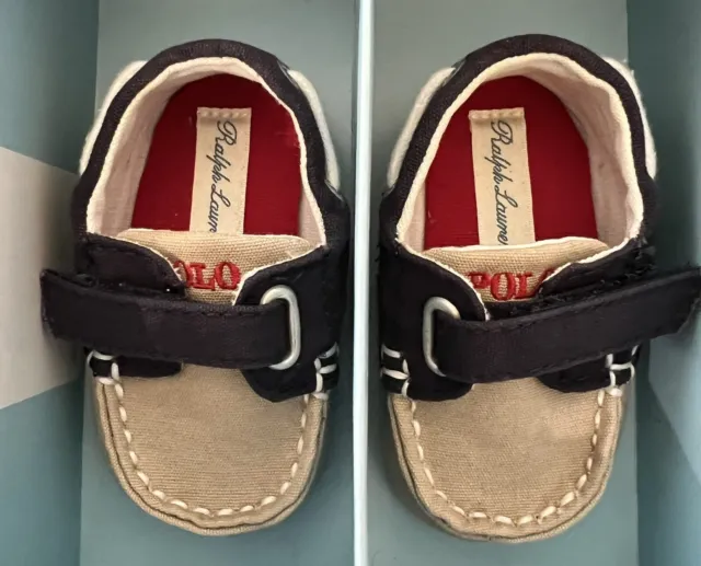 Ralph Lauren POLO Layette Baby Shoes Size 2 Khaki/Navy Canvas Sander EZ