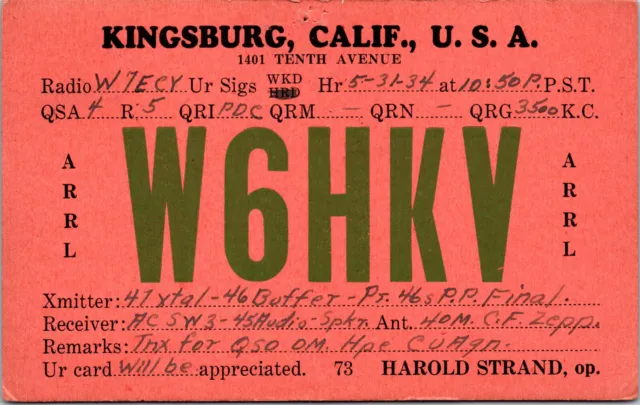 1934 W6HKV Kingsburg California Ham Radio Amateur QSL Card Postcard Vtg