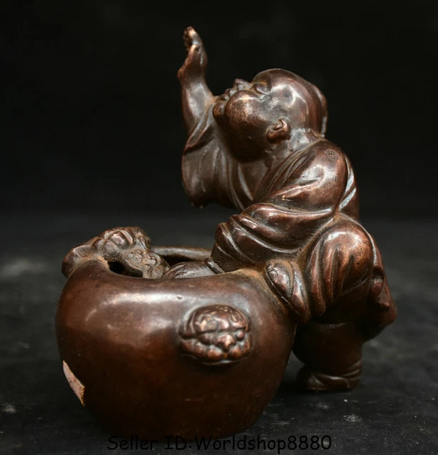 4.8" Marked Old Chinese Red Bronze Dynasty Tongzi Kid Boy Pot Jar Crock Statue