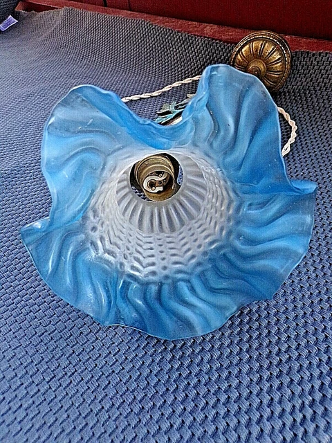 Ancienne applique murale électrique Art-Nouveau en bronze-Tulipe couleur bleu 8