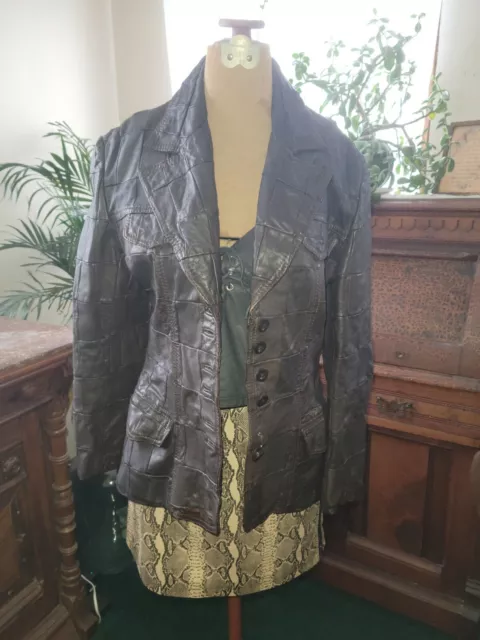 Womens ☮️ 1970's ☮️Vintage boho Dark  Brown Leather Patchwork Jacket Size Small