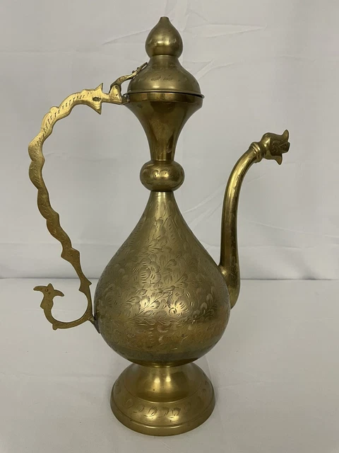 Vintage Solid Brass Teapot Genie Lamp Pitcher Made India Tall Ornate Etched 16”