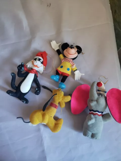 4 Vintage Walt Disney Productions Christmas Tree Ornaments  Flocked