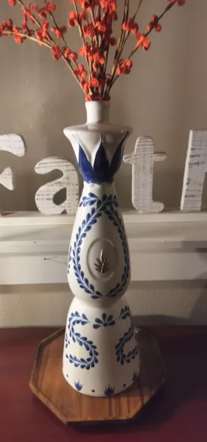 Vase Clase Azul Reposado Tequila Ceramic Bottle Hand Painted 15",  Red Flowers