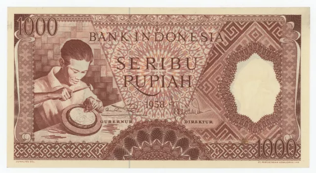 Indonesia 1000 Rupiah 1958 Pick 61 aUNC Almost Uncirculated Banknote
