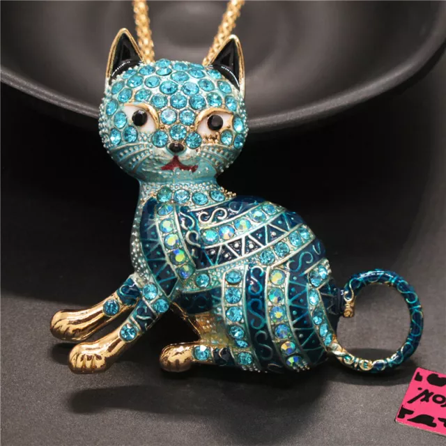 New Betsey Johnson Blue Bling Cute Cat Animal Crystal Pendant Women Necklace