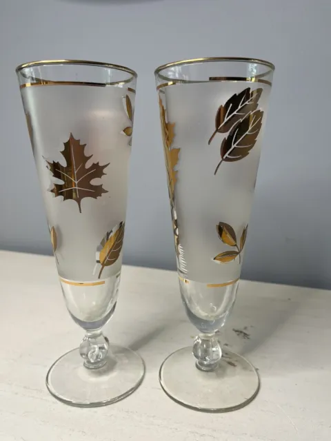 Vintage Mid Century Modern Libbey Frosted Gold Leaf lot of 2 Pilsner Glasses