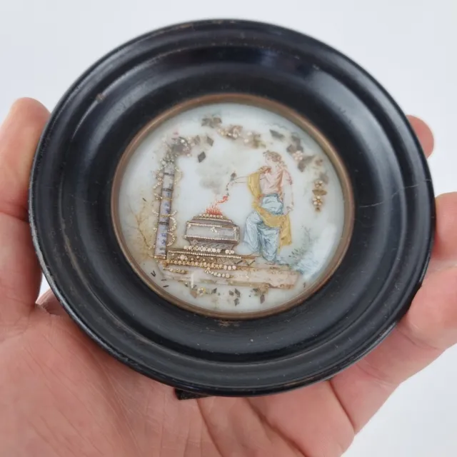 Unusual Antique 19th Century Portrait Miniature On Glass? Jeweled Decoration