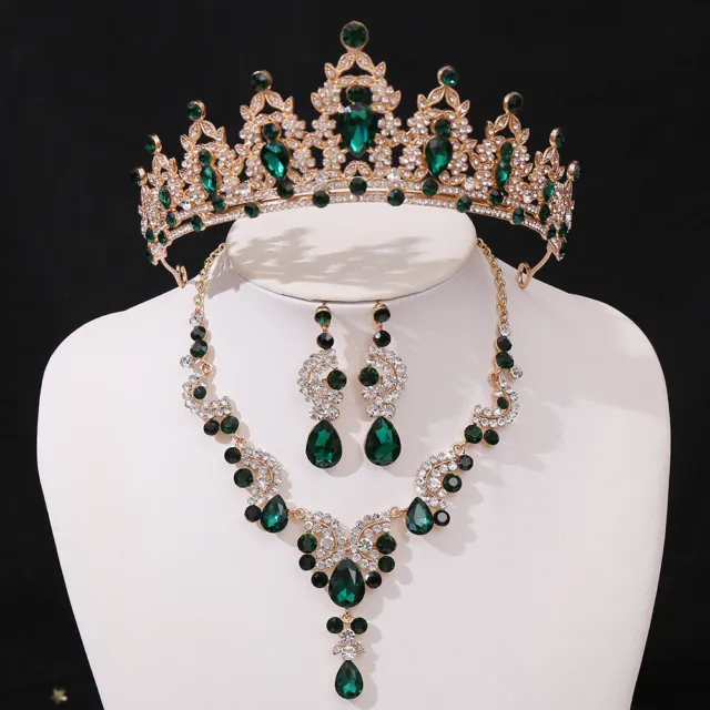 Elegant Crystal Necklace Earrings Tiara Crown Set For Women Wedding Bridal Prom