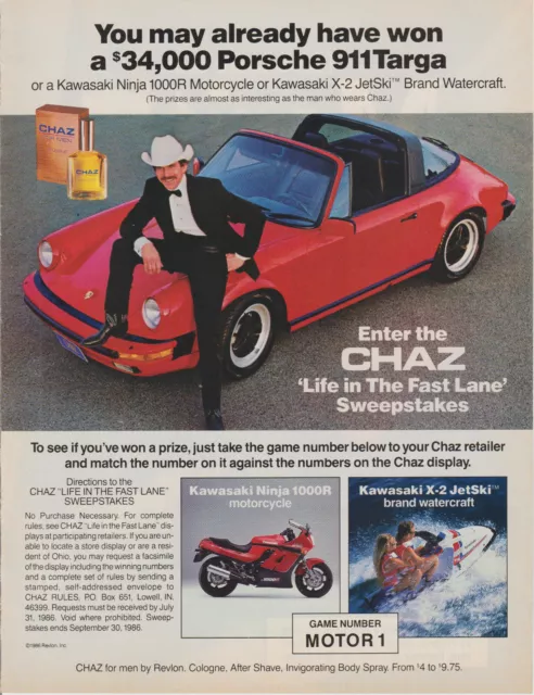 1986 Chaz Cologne - 911 Porsche Targa - Kawasaki Ninja - Sweepstakes Print Ad