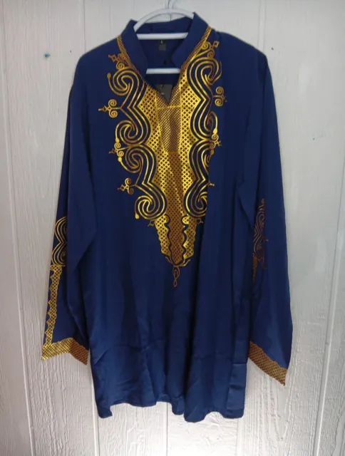 Luc Matton Mens S African DASHIKI Tunic Shirt Tribal Blue Gold Long Sleeve NWT