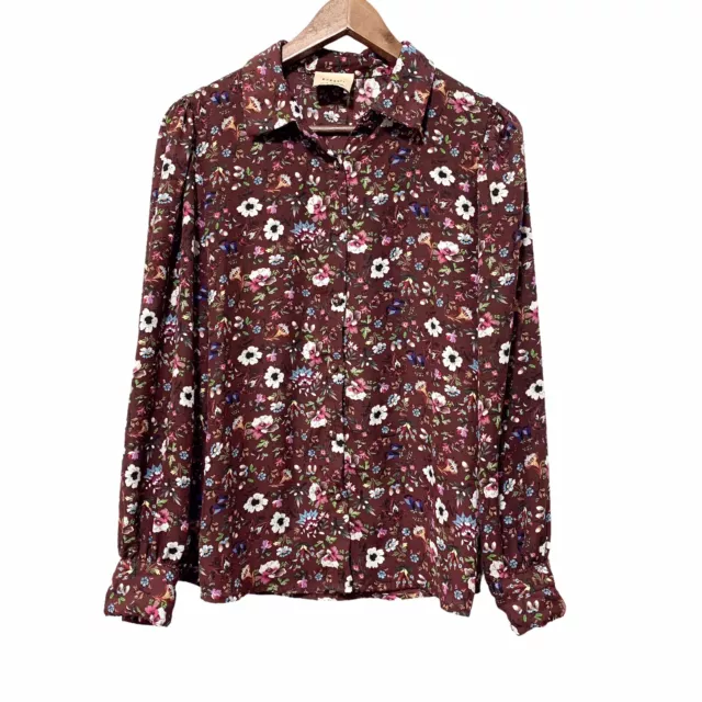 Elie Tahari Womens Button Front Long Sleeve Shirt Burgundy Floral Top Size S/M?