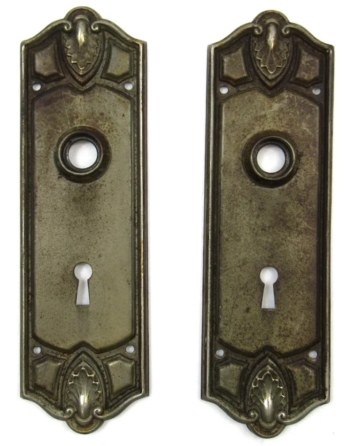 Pair Victorian Ornate Door Metal Lock Back Plates Antique Locking Hardware