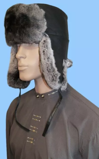 NEW MENS GENUINE CHINCHILLA with BLACK LEATHER Aviator FUR HAT 23 inch -st10