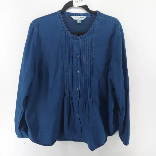 old navy shirt women size XL blue pleated long slv button front casual classic