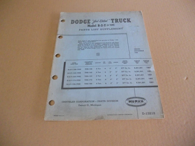 Original Mopar 1950 Dodge B-2-Y Series 4-TON Truck Parts List Catalog Supplement