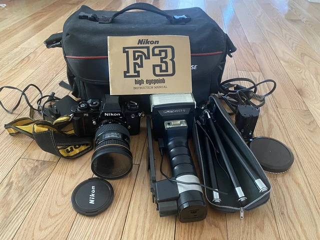 NIKON F3 Camera w AF 28-70mm Lens & METZ 45 CT-5 Flash & Tripod & Bag Vintage