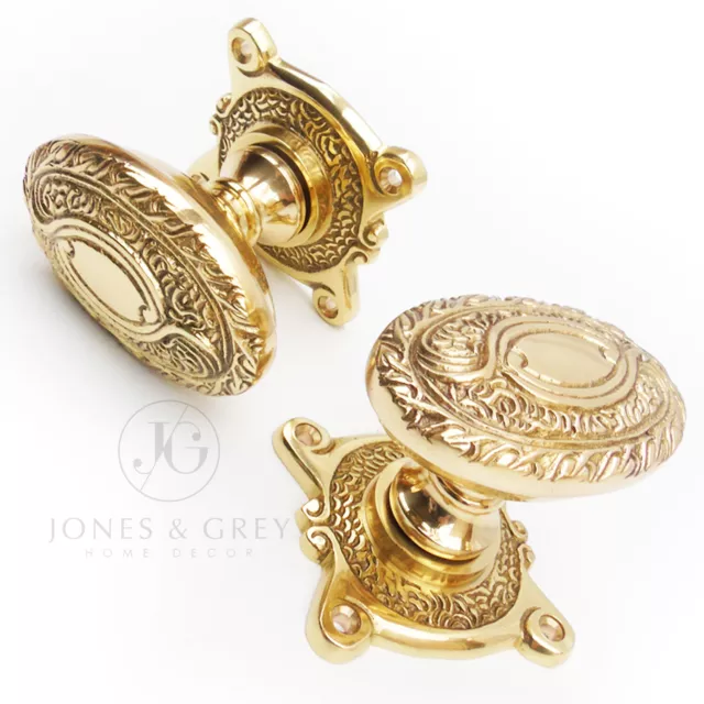 Vintage Georgian Period Style Ornate Oval Solid Brass Door Knobs Handles Pair